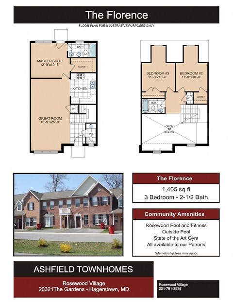 Floor plan for 3 beds, 2.5 baths, 1405 sqft