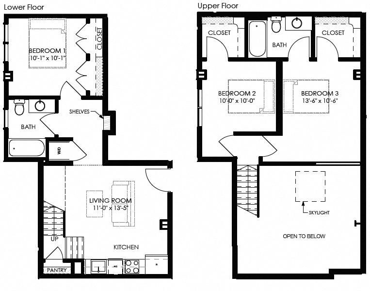 Floor plan for 3 beds, 2 baths, 977 sqft