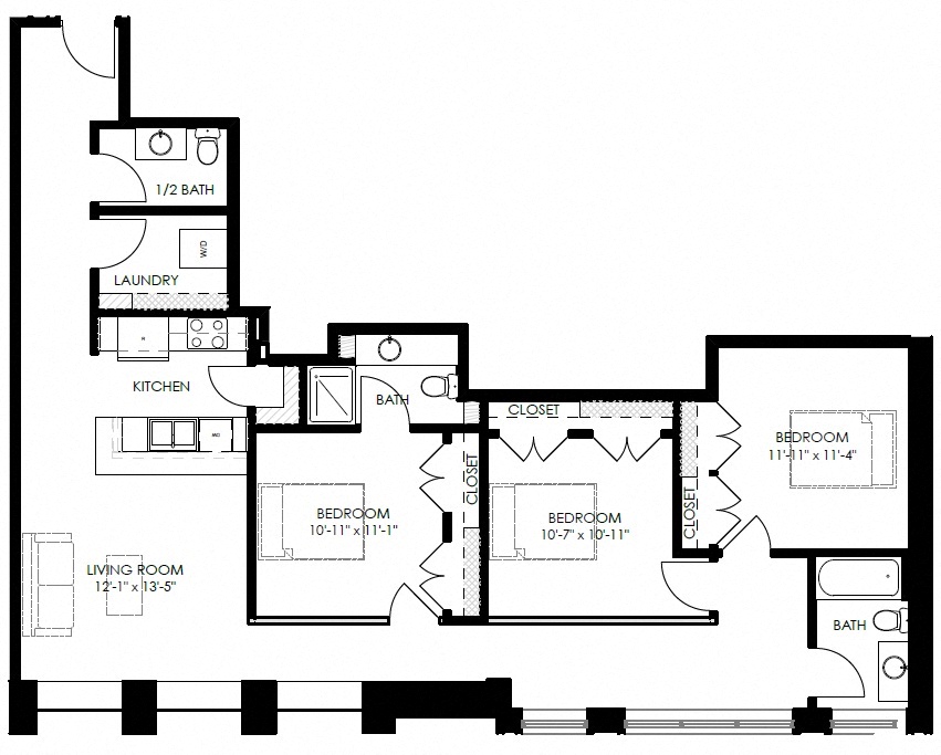 Floor plan for 3 beds, 2.5 baths, 1228 sqft