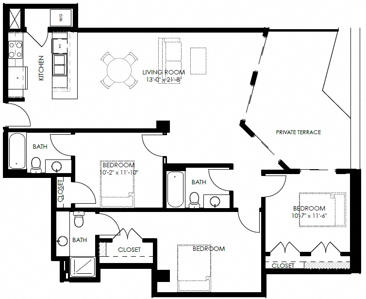 Floor plan for 3 beds, 2 baths, 1238 sqft