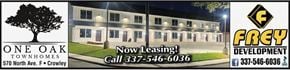 Crowley apartment for rent - an image of a building with a now leasing sign and a tree