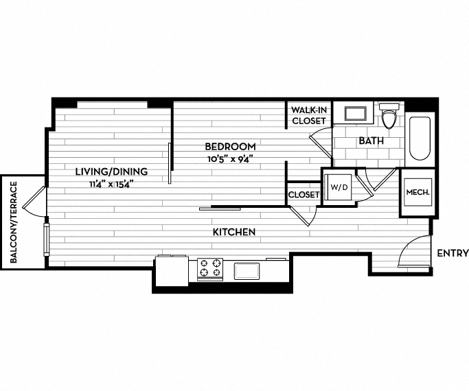 Floor plan for studio, 1 bath, 623 sqft