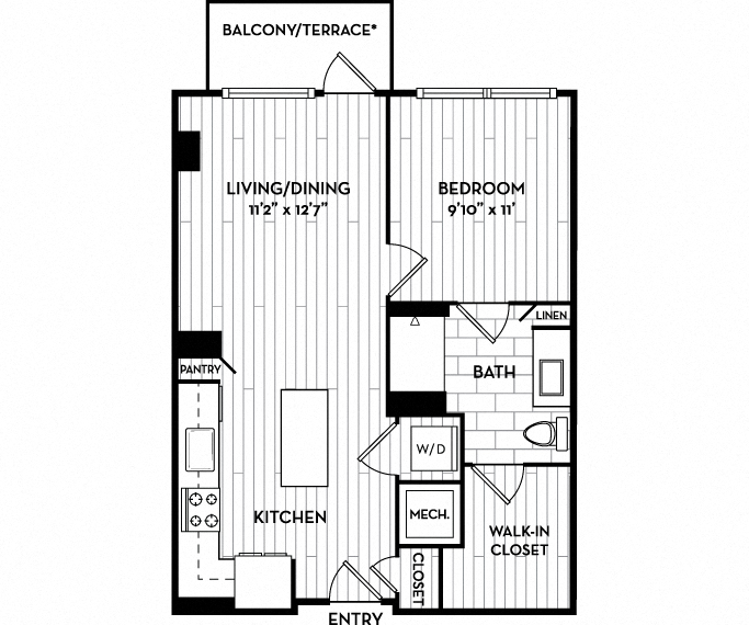 Floor plan for 1 bed, 1 bath, 633 sqft