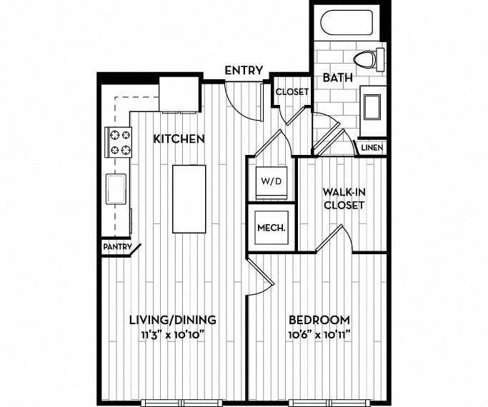 Floor plan for 1 bed, 1 bath, 737 sqft