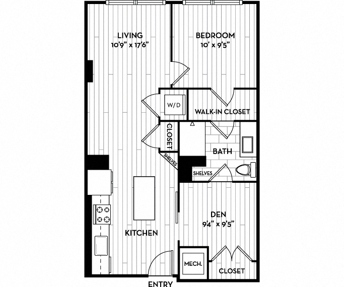 Floor plan for 1 bed, 1 bath, 759 sqft