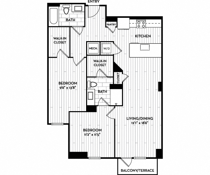 Floor plan for 2 beds, 2 baths, 1132 sqft