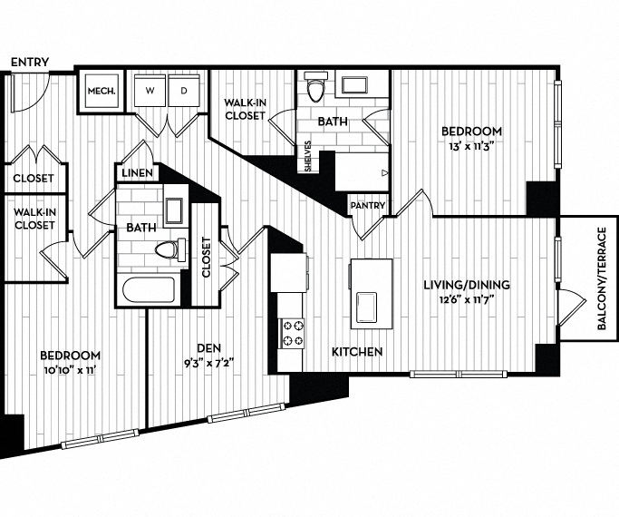 Floor plan for 2 beds, 2 baths, 1218 sqft