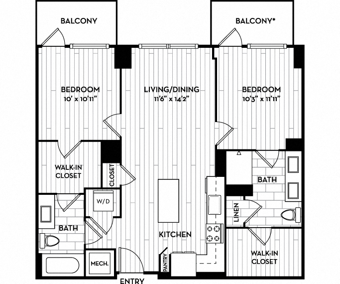 Floor plan for 2 beds, 2 baths, 952 sqft