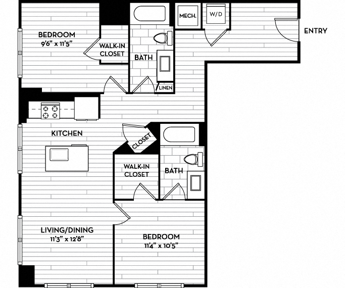 Floor plan for 2 beds, 2 baths, 1106 sqft