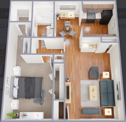 Floor plan for 1 bed, 1 bath, 761 sqft