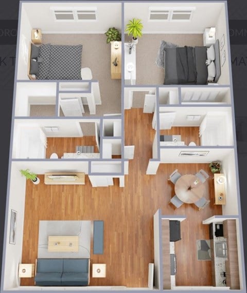 Floor plan for 2 beds, 1 bath, 1000 sqft