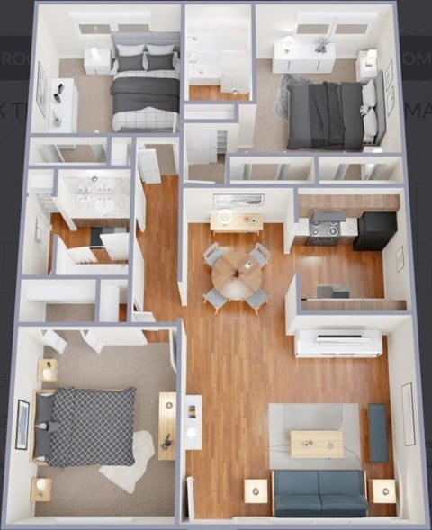 Floor plan for 3 beds, 2 baths, 1000 sqft
