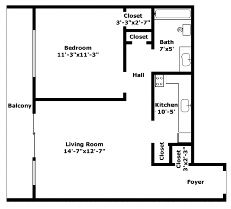 Floor plan for 1 bed, 1 bath, 670 sqft