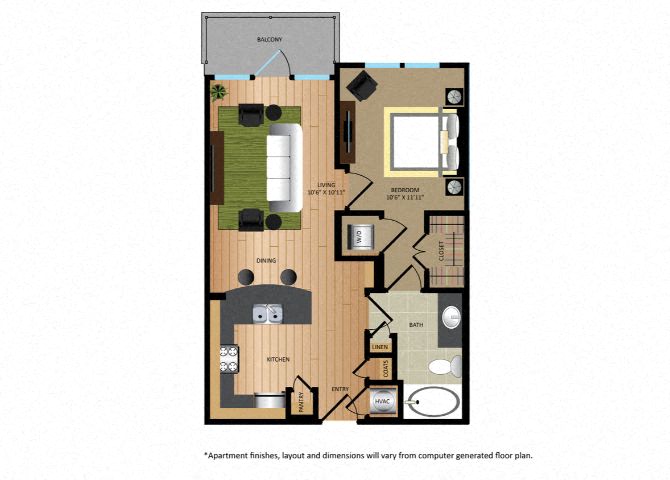 Floor plan for 1 bed, 1 bath, 630 sqft