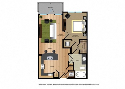 Floor plan for 1 bed, 1 bath, 630 sqft