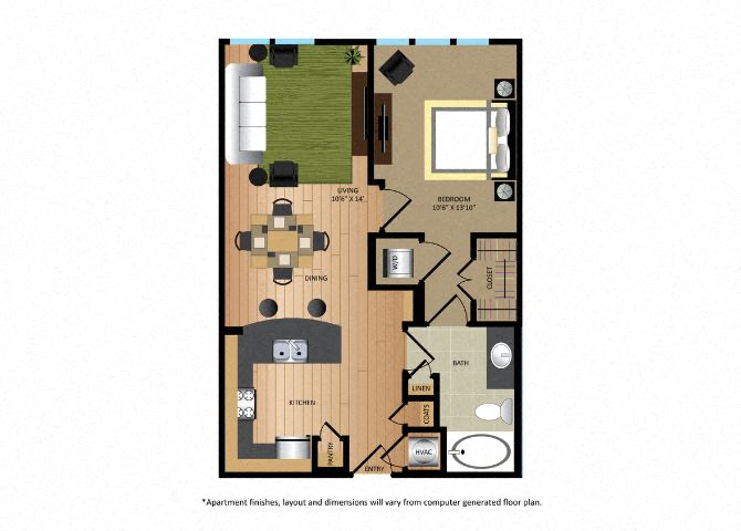 Floor plan for 1 bed, 1 bath, 668 sqft