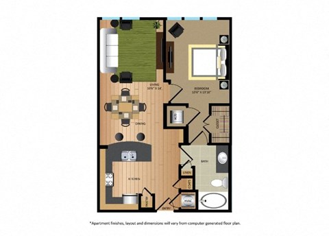 Floor plan for 1 bed, 1 bath, 668 sqft