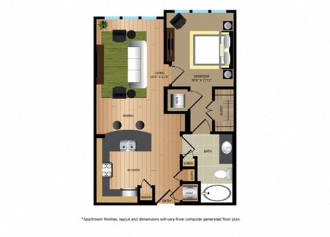 Floor plan for 1 bed, 1 bath, 630 sqft