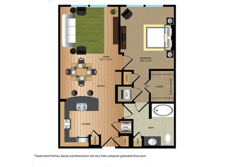 Floor plan for 1 bed, 1 bath, 795 sqft