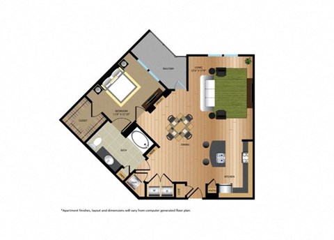 Floor plan for 1 bed, 1 bath, 901 sqft