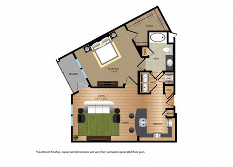 Floor plan for 1 bed, 1 bath, 825 sqft