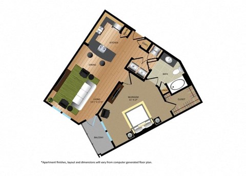 Floor plan for 1 bed, 1 bath, 796 sqft