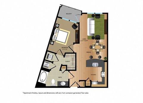 Floor plan for 1 bed, 1 bath, 706 sqft