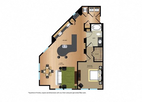 Floor plan for 1 bed, 1 bath, 964 sqft