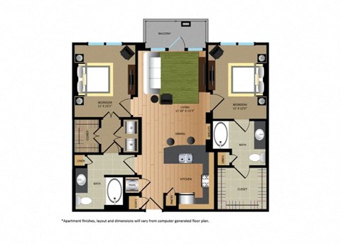 Floor plan for 2 beds, 2 baths, 1001 sqft
