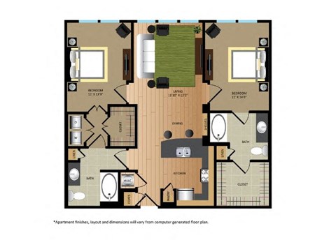 Floor plan for 2 beds, 2 baths, 1076 sqft