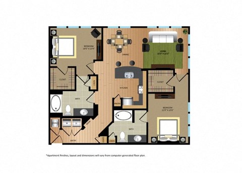 Floor plan for 2 beds, 2 baths, 1171 sqft