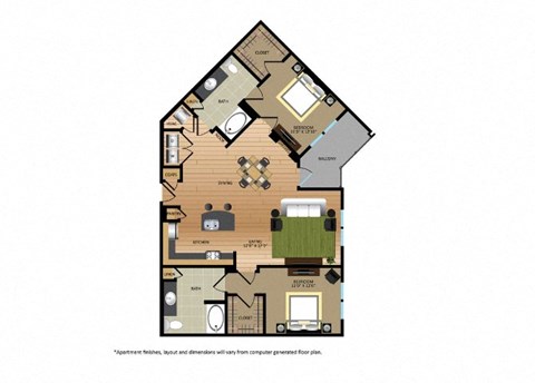 Floor plan for 2 beds, 2 baths, 1263 sqft