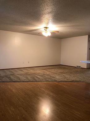 Dell Rapids apartment for rent - A room with a ceiling fan and a rug on the floor.