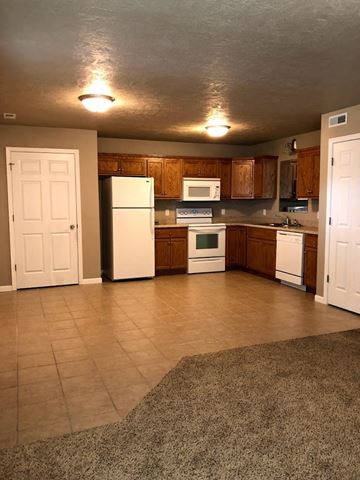 Dell Rapids apartment for rent - a kitchen with white appliances and wooden cabinets