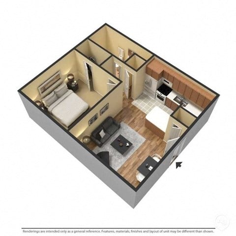 Floor plan for 1 bed, 1 bath, 620 sqft