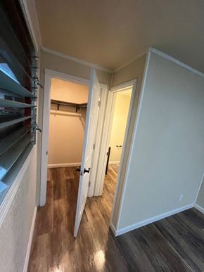 Hilo apartment for rent - a bedroom with a closet and a hallway with a door open to a closet