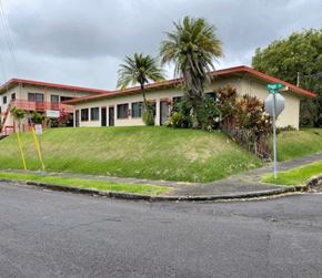 Hilo apartment for rent - a house with a green lawn and palm trees in front of it