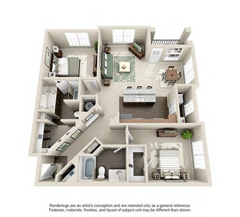 Floor plan for 2 beds, 2 baths, 1265 sqft
