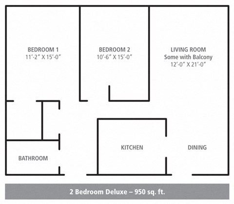 Floor plan for 2 beds, 1 bath, 950 sqft