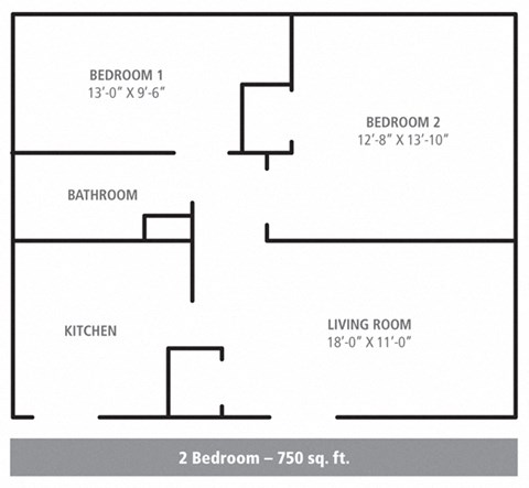 Floor plan for 2 beds, 1 bath, 750 sqft