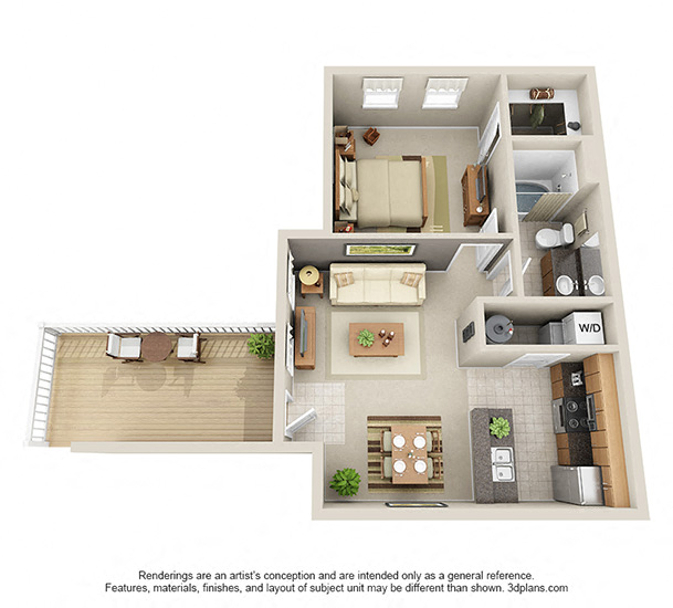 Floor plan for 1 bed, 1 bath, 614 sqft