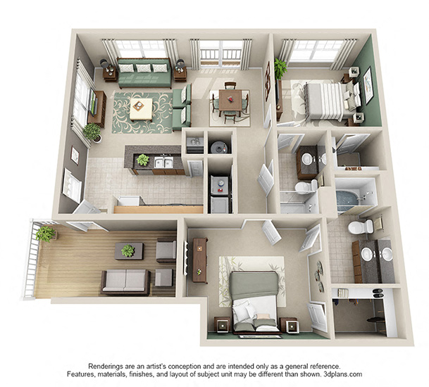 Floor plan for 2 beds, 2 baths, 1028 sqft