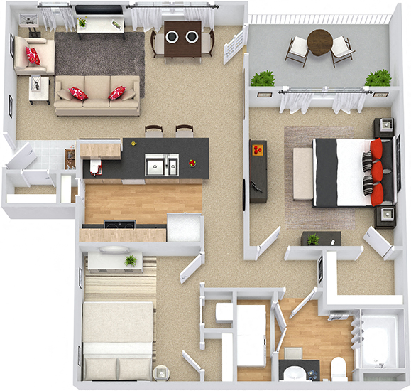 Floor plan for 2 beds, 1 bath, 870 sqft