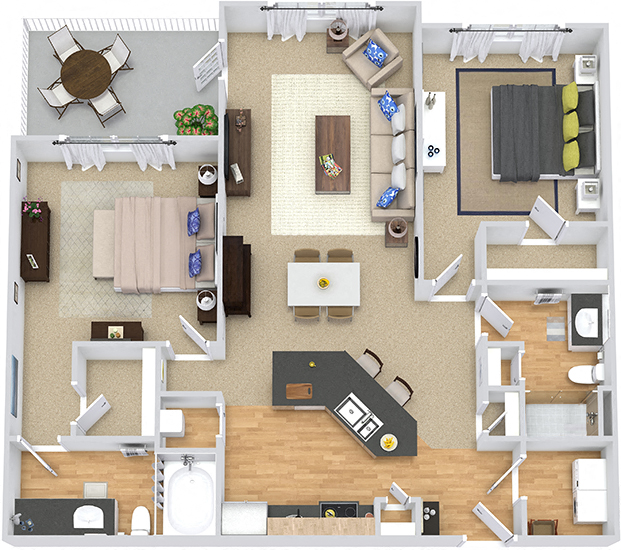 Floor plan for 2 beds, 2 baths, 1115 sqft