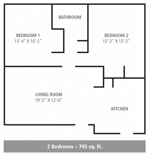 Floor plan for 2 beds, 1 bath, 795 sqft