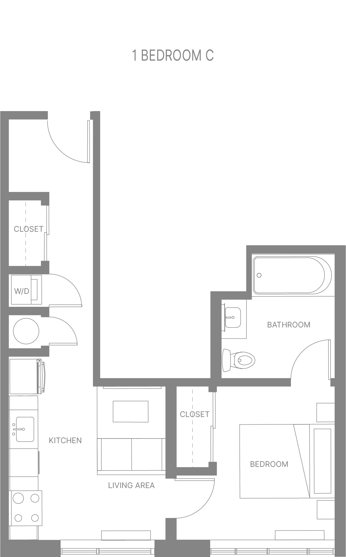 Floor plan for 1 bed, 1 bath, 542 sqft