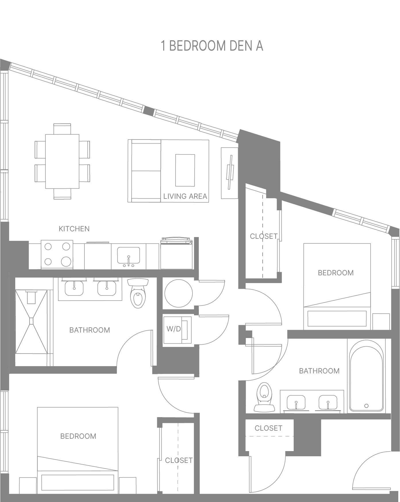 Floor plan for 1 bed, 2 baths, 985 sqft