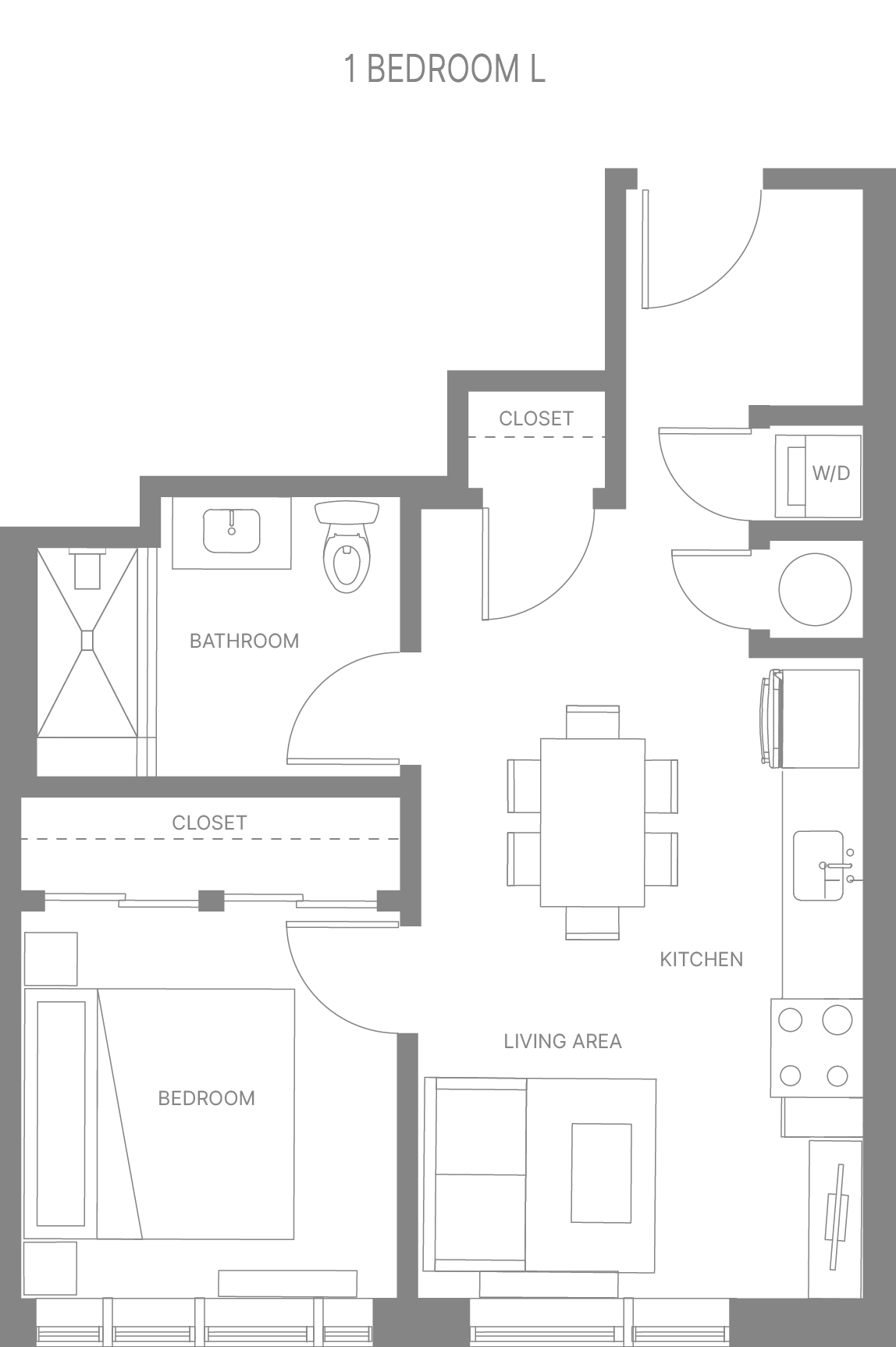 Floor plan for 1 bed, 1 bath, 589 sqft