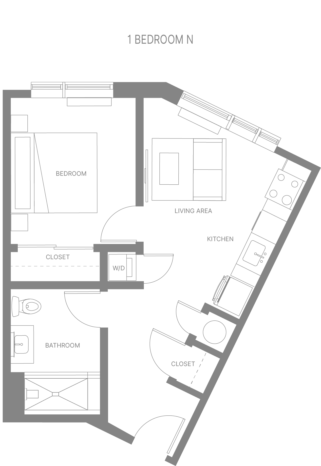 Floor plan for 1 bed, 1 bath, 588 sqft