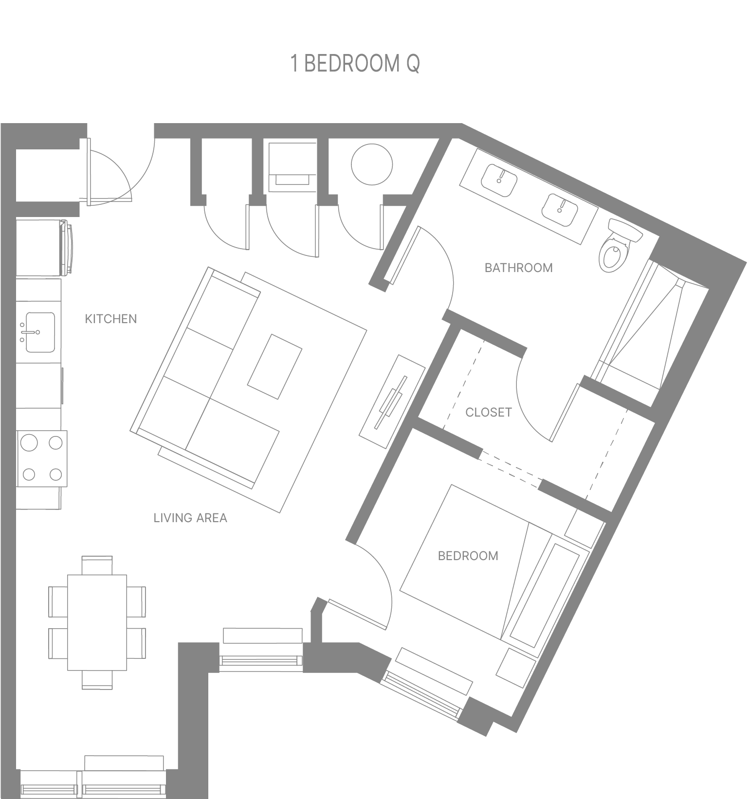 Floor plan for 1 bed, 1 bath, 798 sqft